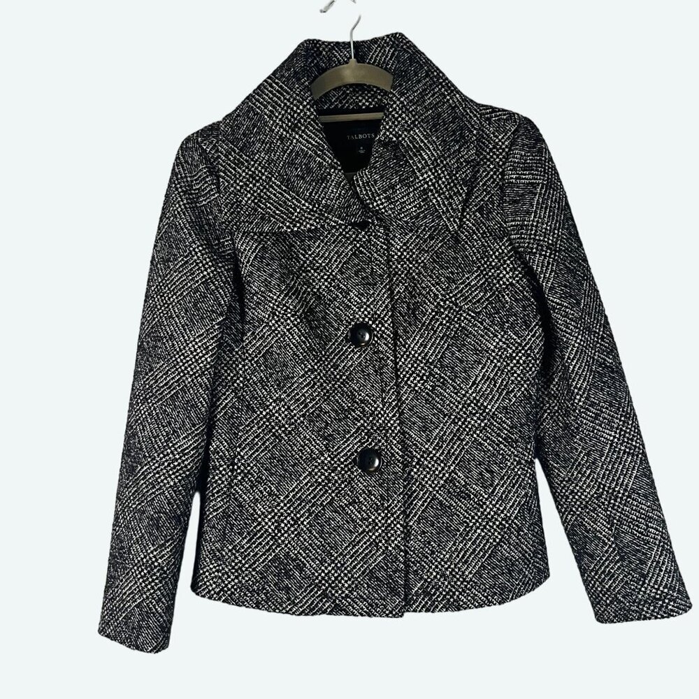 Talbots Wool Blend Black White Silver Wide Collar Large Button Front‎ Blazer 8